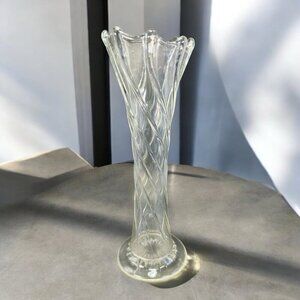 Vintage 1980s Clear Tall Swung Glass Vase Swirl Twisted Pattern Glass Vase Decor